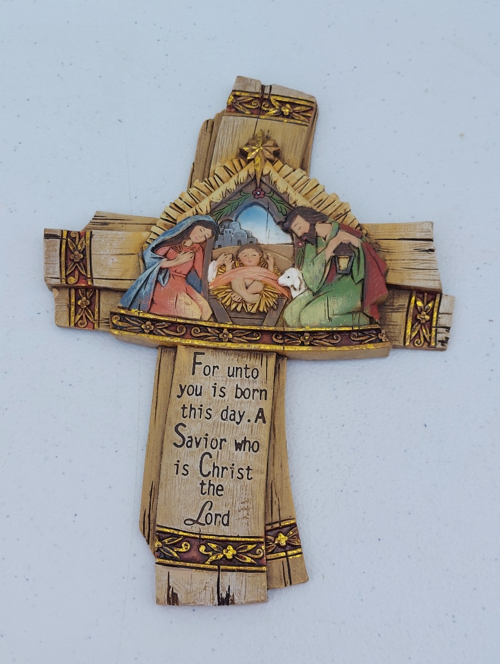 Nativity Wooden Cross Wall Plaque - Multi-Color